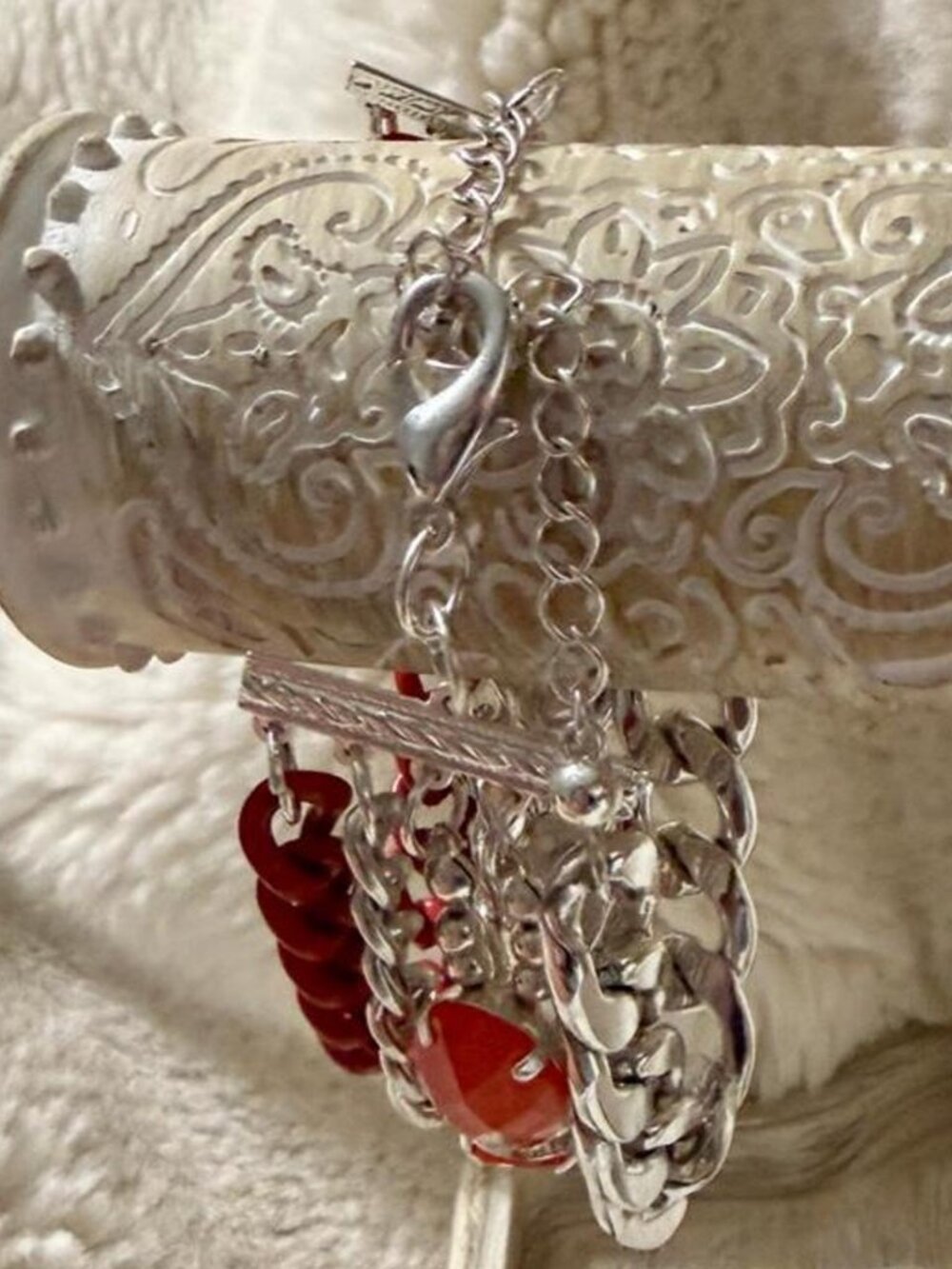 Red & Silver Chunky Statement Bracelet Orange Oval Beads - Picture 2 of 2
